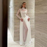 Lunivop Elegant Tulle Long Wedding Dresses High Collar Draped Simlpe Prom Dresses Formal Full Sleeves Illusion Bridal Gowns Customized