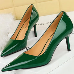 Lunivop Fashion Women Simplicity Glossy Patent Leather 7cm Thin High Heels Pumps Shallow Pointed Toe Lady Shoes Red Nude Green