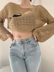 Lunivop Long Sleeve Crochet Knit Top Summer Beach Bikini Cover Up Crop Pullover Wool Knitwear Blouse Women Vacation Boho Outfit