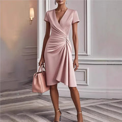 Lunivop Women's Chic Ruched Wrap V Neck Midi Dress Long Sleeve Asymmetric Hem Formal Gown for Elegant Office Work Commute