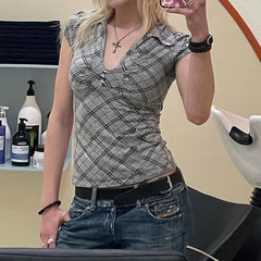 Lunivop Streetwear Contrast Color Striped Casual Short Sleeve T-Shirt Women Summer New V-Neck Button Sexy Slim All Match Crop Tops