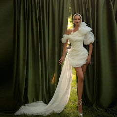 Lunivop Simple Mermaid Wedding Dresses Women's Sexy Off Shoulder Bridal Gowns Short Sleeve Pleat Satin Party Robes De Mariée 웨딩드레스