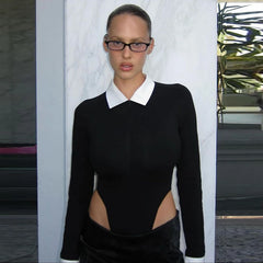 Lunivop Turn Down Collar Long Sleeve Zip Up One Piece Bodysuit Block Color Button Korean Fashion Y2K Streetwear Casual Clothes