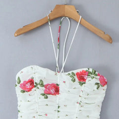 Lunivop Sexy White Floral Print Lacing Up Bow Halter Sling Dress Women Fold Ruched Slim Waist Backless Swing Short Dresses Robe