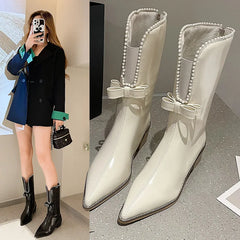 Lunivop Autumn Women Designer Bowknot Front Opening Mid-calf Boots Fashion Pointed Toe Ladies Short Boot Square Low Heel Casual Boots
