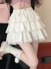Lunivop Preppy Style Sweet White Skirts Women High Waist Chic Korean Mini Skirt Lace Patchwork Elegant Female Fashion A Line Skirts