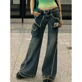 Lunivop Blue Womens Jeans High Waist Vintage Design Hip Hop Straight Baggy Denim Pants Street Y2K American Style Wide Leg Denim Trouser