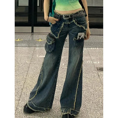 Lunivop Blue Womens Jeans High Waist Vintage Design Hip Hop Straight Baggy Denim Pants Street Y2K American Style Wide Leg Denim Trouser