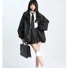 Lunivop Vintage Brown Leather Skirt Women Y2k Sexy Gothic Pleated Mini Skirt Black Punk Grunge Retro Short Skirts Streetwear