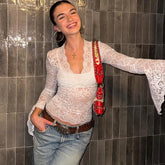 Lunivop Lace Long Sleeve Deep V See Through Solid Slim Women'S Tops Tshirts Casual Party Club Dropshipping New Arrival Clothes