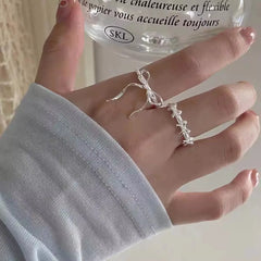 Lunivop Y2K Romantic Lovely Silver Color Bow Tie Ribbon Rings for Women Exquisite Fashion Geometric Lines Open Finger Ring Jewelry Gift