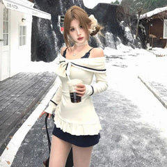 Lunivop Elegant Sexy Two-piece Set Mini Dress Women Coquette Off Shoulder Evening Party Dress Sweet Korean Style Ruffle Dresses