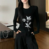 Lunivop Autumn New High Street Floral Printed Irregular Sexy Knitted Camisole Women + Black Long-sleeved T-shirt Two-piece Suit