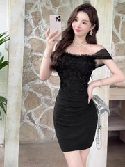 Lunivop Woman Dress Sexy Lace Patchwork Ruffles Flowers Slash Neck Slim Backless Sweet Elegant Party Mini Dresses Clubwear