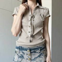 Lunivop Safari Style Vintage Turn Down Collar Short Sleev Women Shirts Y2k Cross Lace Up Design Harajuku Knitted Clothes Street Punk Top