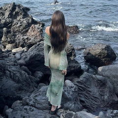 Lunivop Mesh Tie Dye Print Off The Shoulder Elegant Slim Midi Women'S Dresses Evening Party Club Autumn Daily Clothing