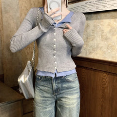 Lunivop V-neck Fake Two Long-sleeved Short Slim Early Autumn Sweaters with Bottoming Shirts in 2025