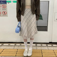 Lunivop Plaid Skirt Vintage Women Elegant Sweet Korean Style Mid Skirt Y2k Harajuku fashion A-line summer Aesthetics Skirts