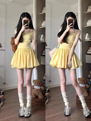 Lunivop Charming Yellow ort Puffy Skirt Dr Women's Svel V-Ne Casual Sle Waist-Cinched A-Line Skirt for Daily Wear