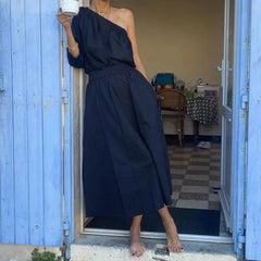 Lunivop Female High Street 2pc Elegant Slash Neck One Shoulder Long Sleeve Tops+Draped Skirts Sets Solid Color Commute Outfits