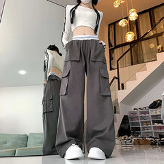 Lunivop Vintage Solid Baggy Cargo Pants For Women 2024 Autumn Casual Women's Drawstring Wide Leg Pants Female Street Loose Long Trouser