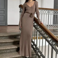 Lunivop Sexy V-neck Elegant Knitted Dress Women Vintage Coquette Long Dress Autumn Winter Retro A-line Party Dresses Slim Up
