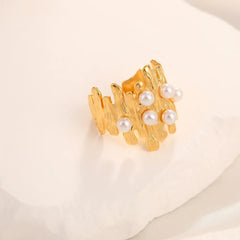 Lunivop New Fashion Geometric Irregular Stainless Steel Pearl Rings for Women Retro Versatile Open Adjustable Rings Party Jewelry Gift