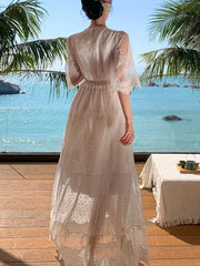 Lunivop White Lace Flora Embroidery Women Dresses Bodycon Summer Vacation V-neck Vintage Women's Clothing Elegant Maxi Vestido Lady New