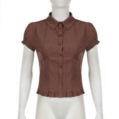Lunivop American Preppy Turn Down Collar Puff Short Sleeve Blouse Y2k Vintage Draped Slim Waist Single Breasted T Shirts Punk Clothes