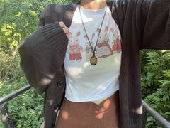 Lunivop Y2k Round Neck Slim-Fit Leaky Navel Short Sleeve Cute Bunny Print Millennial Style Short Sleeve Vintage Cute Crop Top Women