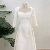 Lunivop White A Line Formal Evening Dress Simple Wedding Dresses With Short Sleeve Elegant Floor-length Satin Bridal Dress Customized