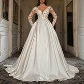 NO Lunivop Luxury Wedding Dress Sweetheart Neck Lace Applique Long Sleeves Satin A Line Sweep Train Bridal Gown