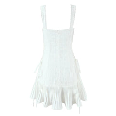 Lunivop Sweet Girl O Neck Sleeveless White Tank Mini Dress Women Side Bandage Pleated Hem Casual Holiday Summer Dresses Short Robe