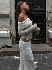Lunivop Sexy Off Shoulder See Through Lace Women Skirt Suit Long Sleeve T-shirt Print Skirt Autumn Skinny Elegant Two Piece Sets