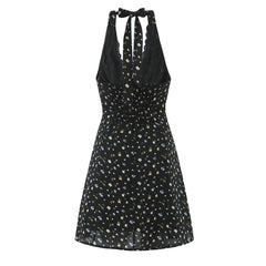 Lunivop Sexy Black Floral Print Spliced Lace Bow Halter V Collar Backless Mini Dress Women Elastic Zipper Back A-line Short Robe Holiday