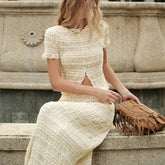 Lunivop Two Piece Matching Skirt Sets for Women Clothing Short Sleeve Button Up Top Ruched Maxi Skirt Summer Beachwear