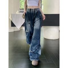 Lunivop Women Blue Cargo Jeans Harajuku Baggy Y2k Ripped Denim Trousers Aesthetic Jean Pants Vintage Japanese 2000s Style Trashy Clothes