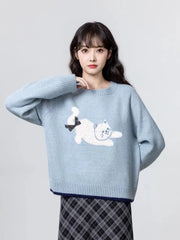 Lunivop Cartoon Cat Print Kawaii Sweaters Women Sweet Bow Long Sleeve Cute Knitted Jumper Vintage Japan O Neck Casual Loose Pullovers