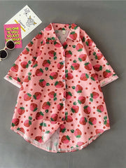 Lunivop Cute Strawberry Loose Shirt Women Casual Preppy Style Kawaii Blouse Summer Short Sleeve Vintage Japan Female New Tops