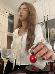 Lunivop Lace Up Sweet White Shirts Women Vintage Long Sleeve Cropped Blouse Casual V Neck Female Korean Elegant Retro Tops New