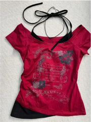 Lunivop American Vintage Fake Two Piece Halter Lace Up T-shirts Y2k Slim Fit Print Tops Women Off Shoulder Short Sleeve Tee Shirt