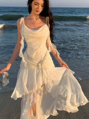 Lunivop Women Elegant Backless Sexy Slip Dresses Summer New Fashion Asymmetrical Ruffles Holiday Beach Party Club Split Long Dress