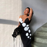 Lunivop Chic Black And White Flowers Celebrity Dresses Pearls Spaghetti Strap Long Mermaid Dress vestidos de ocasião formal Evening Gown