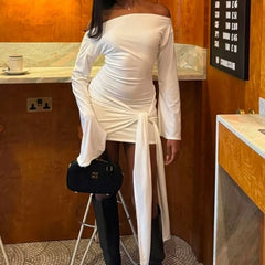 Lunivop BKLD Sexy Solid Diagonal Collar Off-shoulder Long Sleeve Strappy Folds Irregular Mini Bodycon Dress Trendy New Casual Streetwear