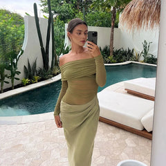 Lunivop Off Shoulder Long Dresses For Women See Through Mesh Spliced Black Dinner Dress Sexy Elegant Birthday Outfits