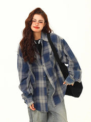 Lunivop Streetwear American Plaid Shirt Women Oversize Loose Vintage Long Sleeve Blouse Hip Hop Casual Retro Harajuku Bf Pockets Tops