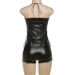 Lunivop PU Leather 2 Piece Set Women Black Grommet Lace Up Strapless Halter Backless Tank Tops + Shorts Y2K Clubwear Suits Hottie Outfit