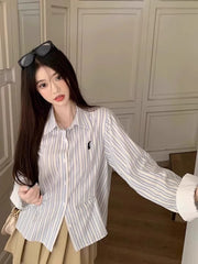 Lunivop Vintage Cute Striped Shirt Women Casual Long Sleeve Sweet Blouse Japan Spring Retro Kawaii Embroidery Female Design Tops