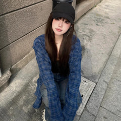 Lunivop Polo Collar Contrast Color Plaid Loose Casual Long-sleeved Shirt Women Summer New High Street Fashion Frayed All Match Tops