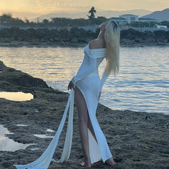 Lunivop Solid Off The Shoulder Long Sleeve Slit Ruched Tassel Women'S Dresses New Autumn Elegant Evening Fashion Clothing